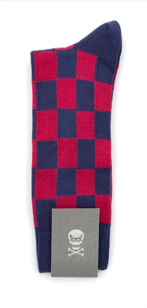 Regent - Cotton Socks - Tile Check - Raspberry Red & Blue