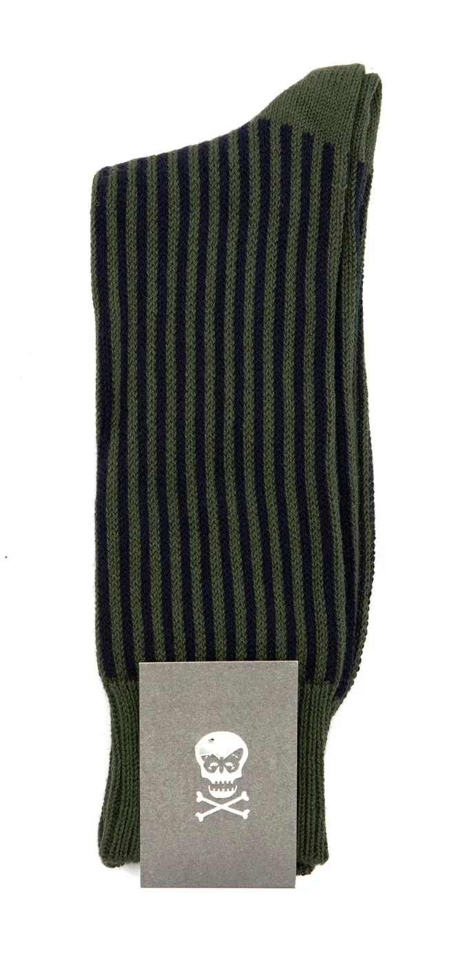 Regent - Cotton Socks - Vertical Stripes - Navy & Khaki Green