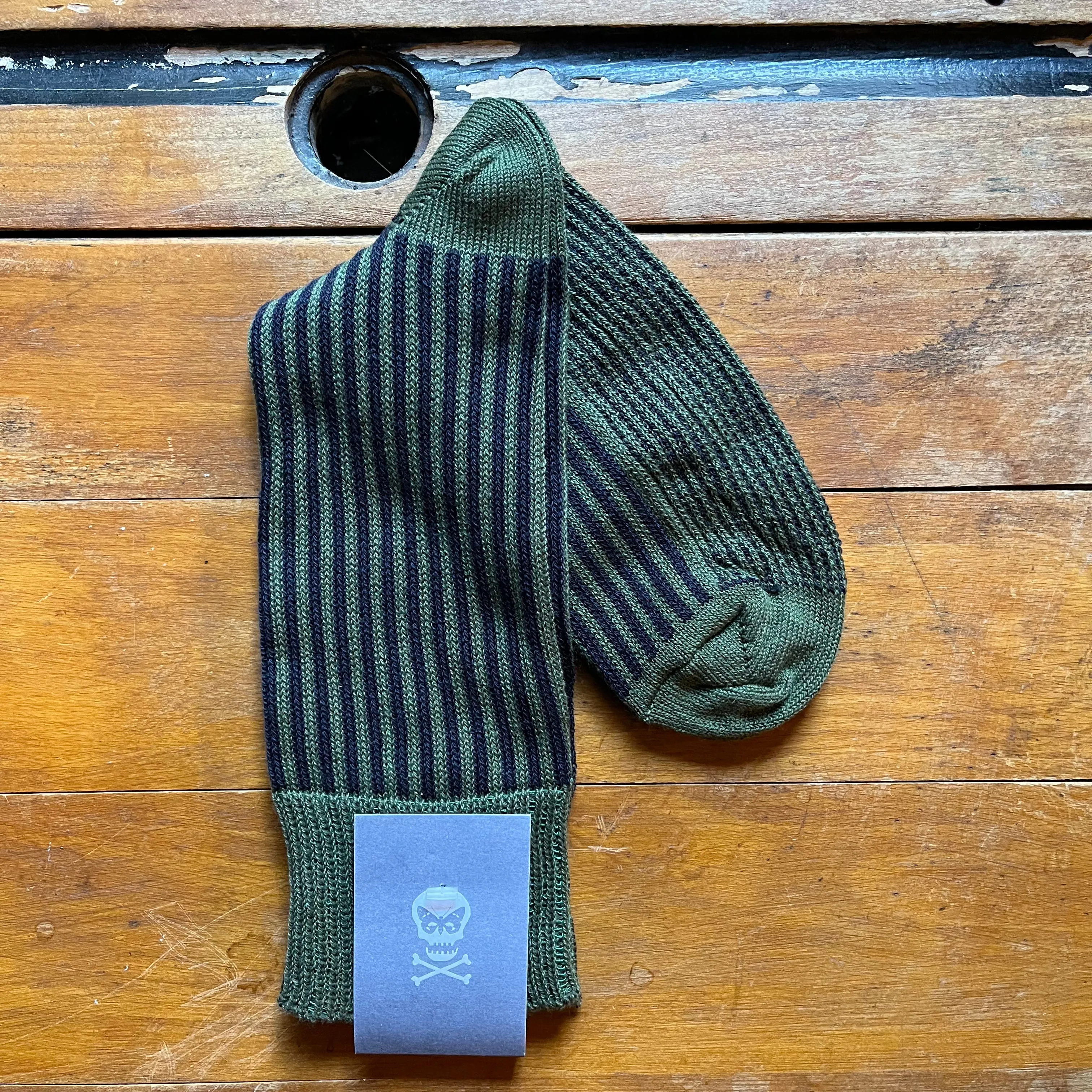 Regent - Cotton Socks - Vertical Stripes - Navy & Khaki Green