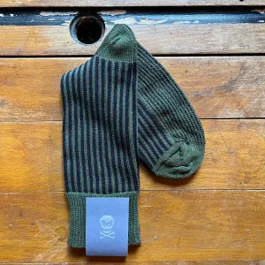 Regent - Cotton Socks - Vertical Stripes - Navy & Khaki Green
