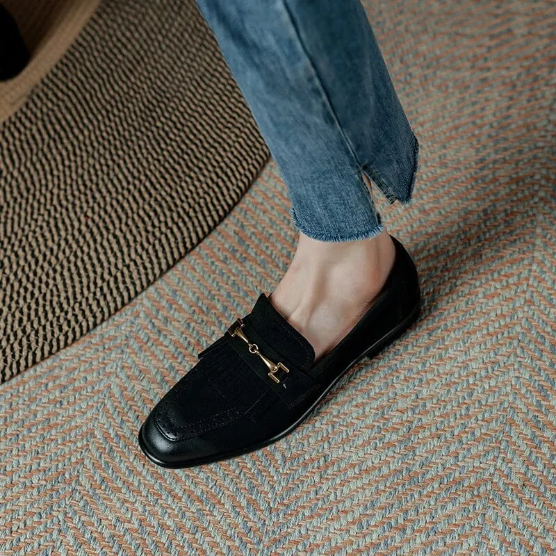 Retro Leather Tassels Loafers for Women Square Toe in Coffee/Black