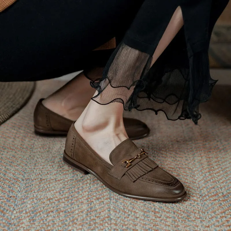 Retro Leather Tassels Loafers for Women Square Toe in Coffee/Black