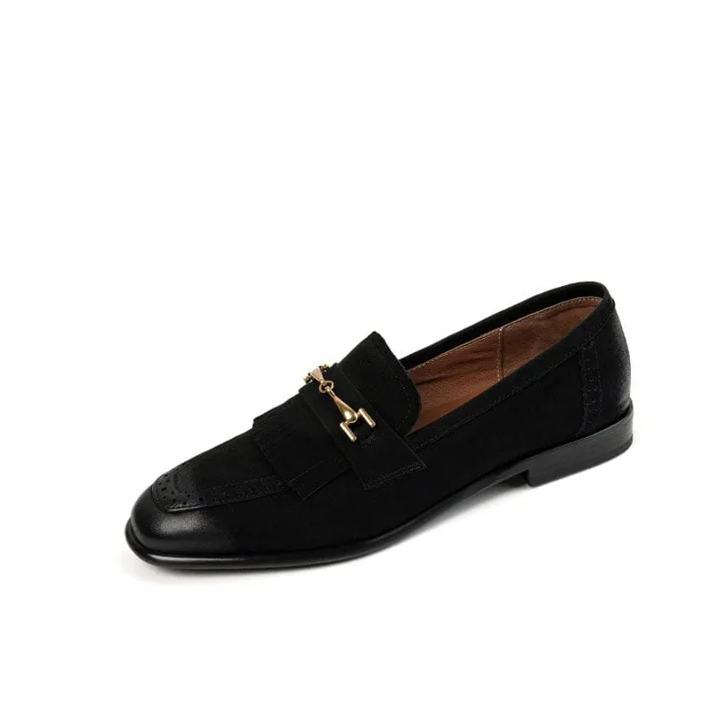 Retro Leather Tassels Loafers for Women Square Toe in Coffee/Black