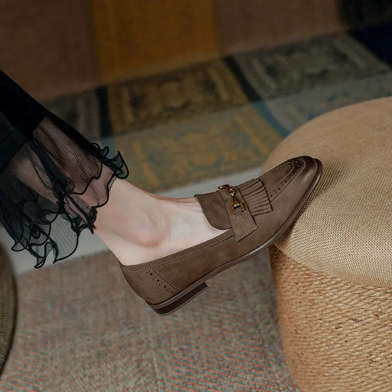 Retro Leather Tassels Loafers for Women Square Toe in Coffee/Black