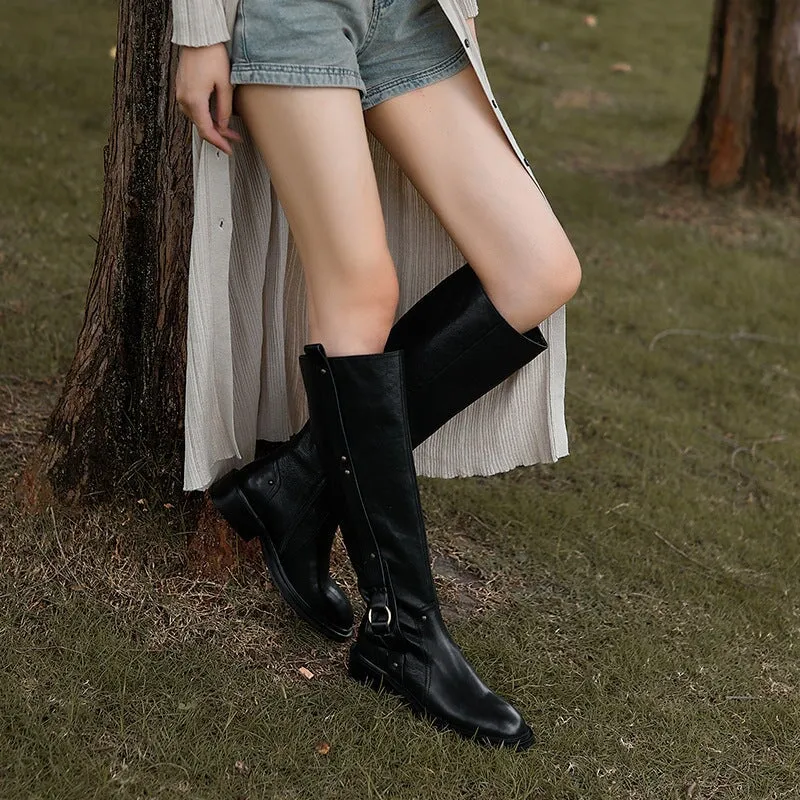 Riding Boots for Women In Black Leather Round Toe- Belt Embellished Knee High Boots With Large Tube