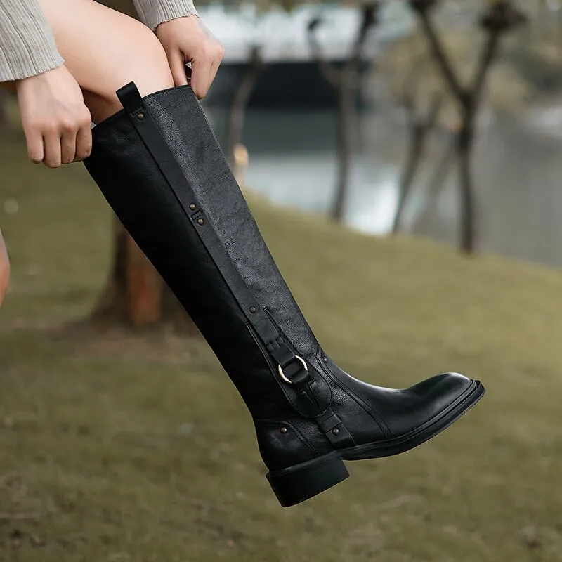 Riding Boots for Women In Black Leather Round Toe- Belt Embellished Knee High Boots With Large Tube