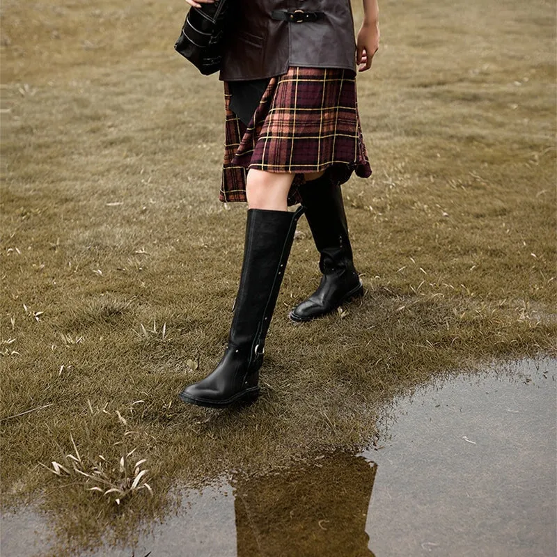 Riding Boots for Women In Black Leather Round Toe- Belt Embellished Knee High Boots With Large Tube