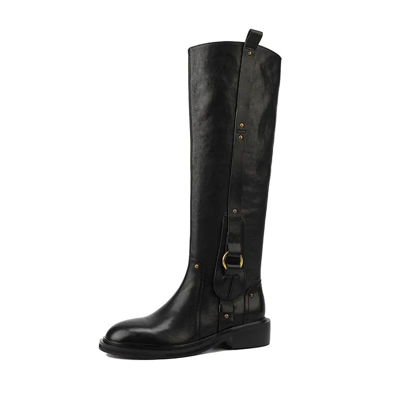 Riding Boots for Women In Black Leather Round Toe- Belt Embellished Knee High Boots With Large Tube
