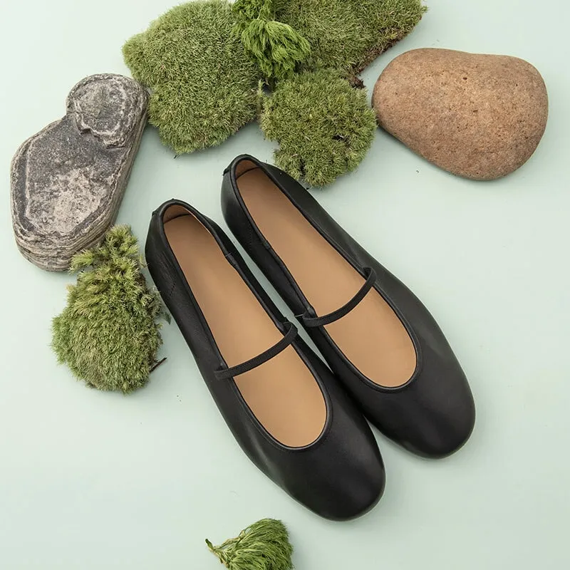 Round Toe Leather Mary Jane Shoes With Elastic Band in Black/Blue