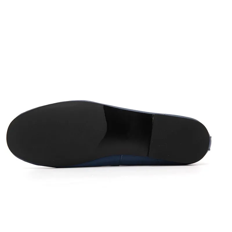 Round Toe Leather Mary Jane Shoes With Elastic Band in Black/Blue