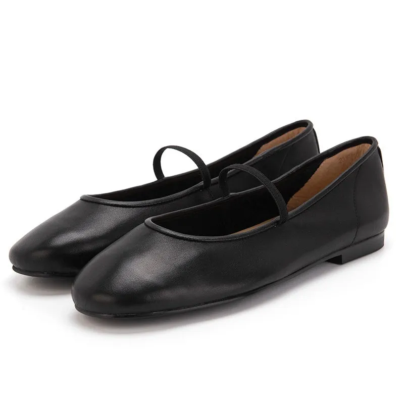 Round Toe Leather Mary Jane Shoes With Elastic Band in Black/Blue