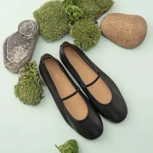 Round Toe Leather Mary Jane Shoes With Elastic Band in Black/Blue