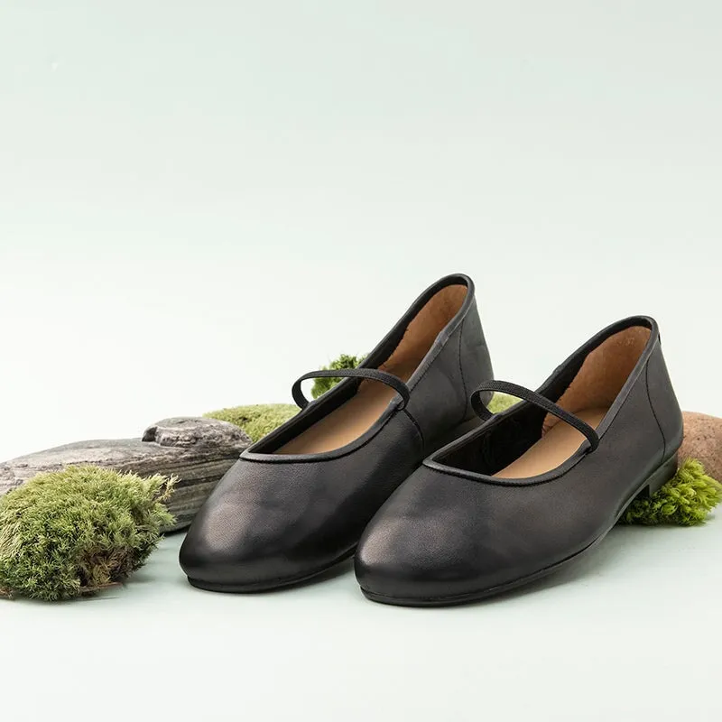 Round Toe Leather Mary Jane Shoes With Elastic Band in Black/Blue