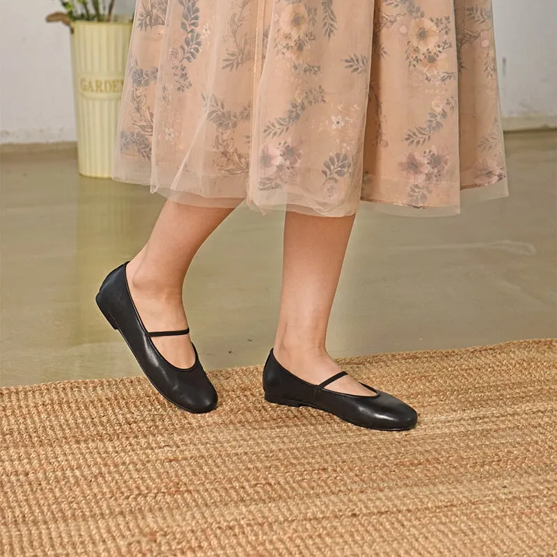 Round Toe Leather Mary Jane Shoes With Elastic Band in Black/Blue