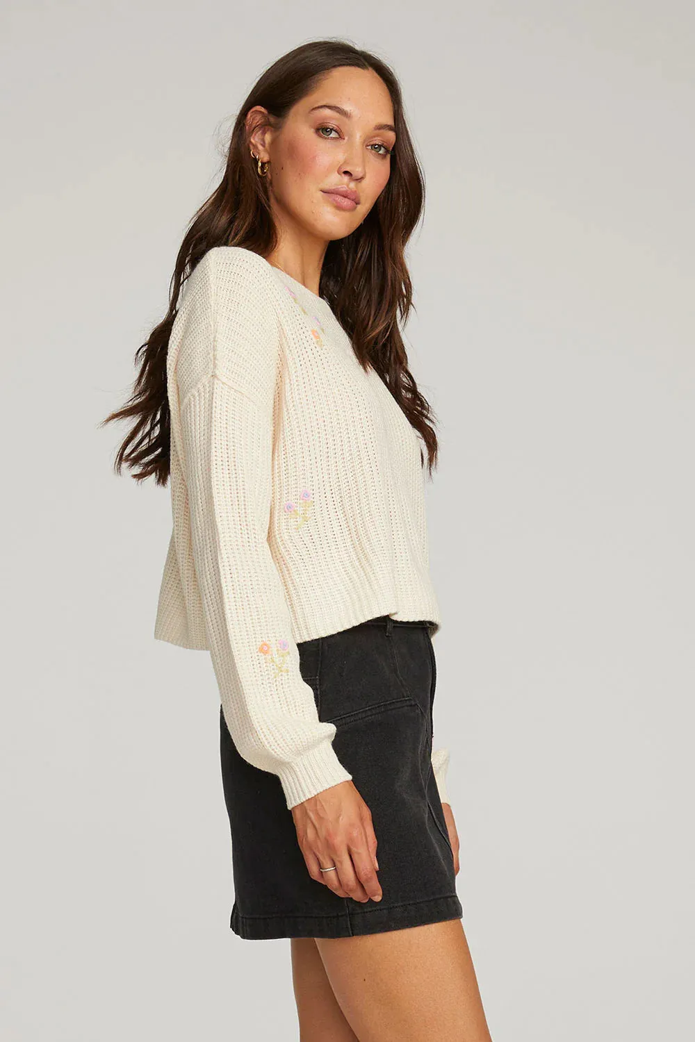 SAL Charmed Embroidered Flower Sweater in Natural