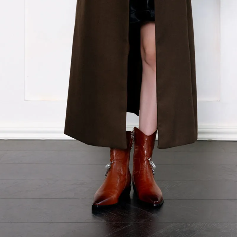 Sheepskin Leather Autumn/Winter Women's Point Toe Ankle Boots in Black/Brown