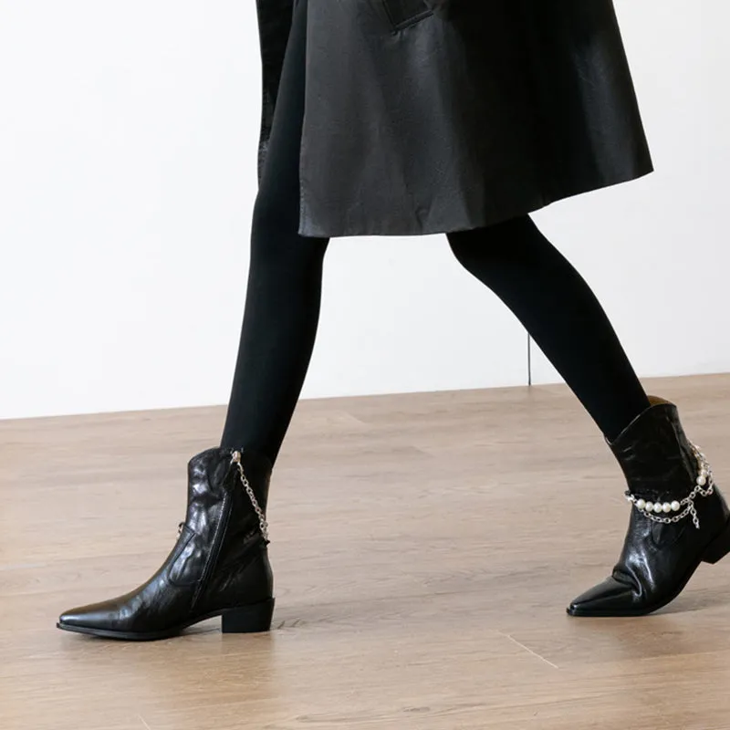 Sheepskin Leather Autumn/Winter Women's Point Toe Ankle Boots in Black/Brown