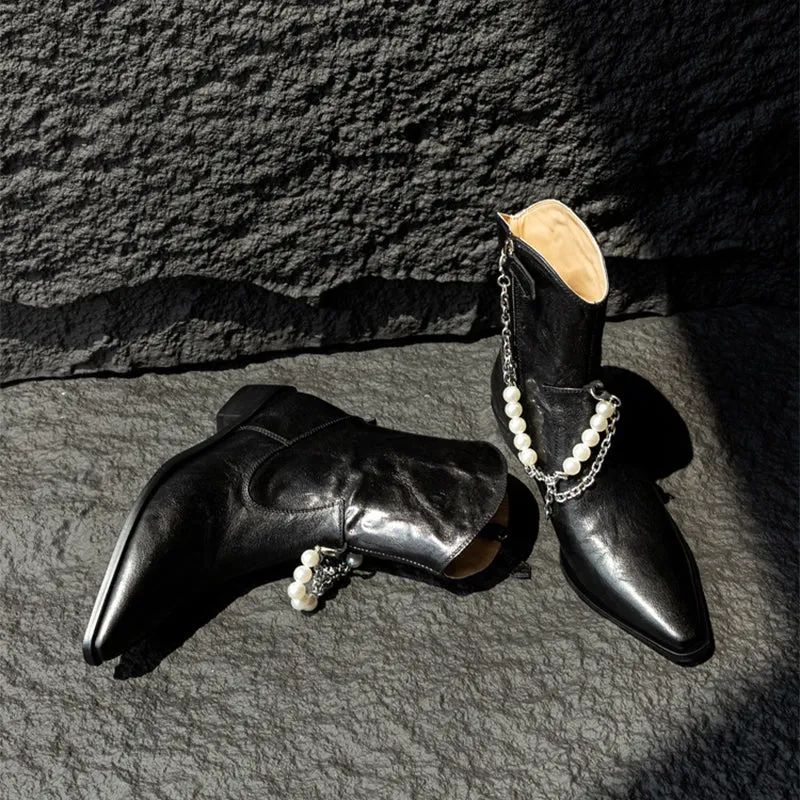 Sheepskin Leather Autumn/Winter Women's Point Toe Ankle Boots in Black/Brown