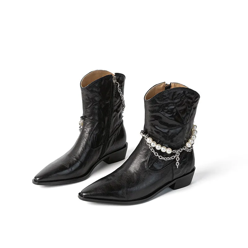 Sheepskin Leather Autumn/Winter Women's Point Toe Ankle Boots in Black/Brown