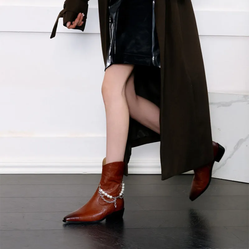 Sheepskin Leather Autumn/Winter Women's Point Toe Ankle Boots in Black/Brown