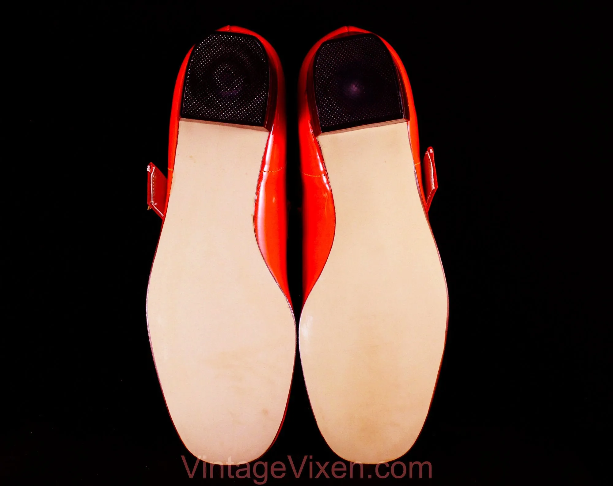Size 1 1/2 Girl's Mary Jane Orange Shoes - Authentic Mod 1960s Girls Bright Vivid Vinyl - Child Size 1.5 B - 60s Deadstock in Original Box