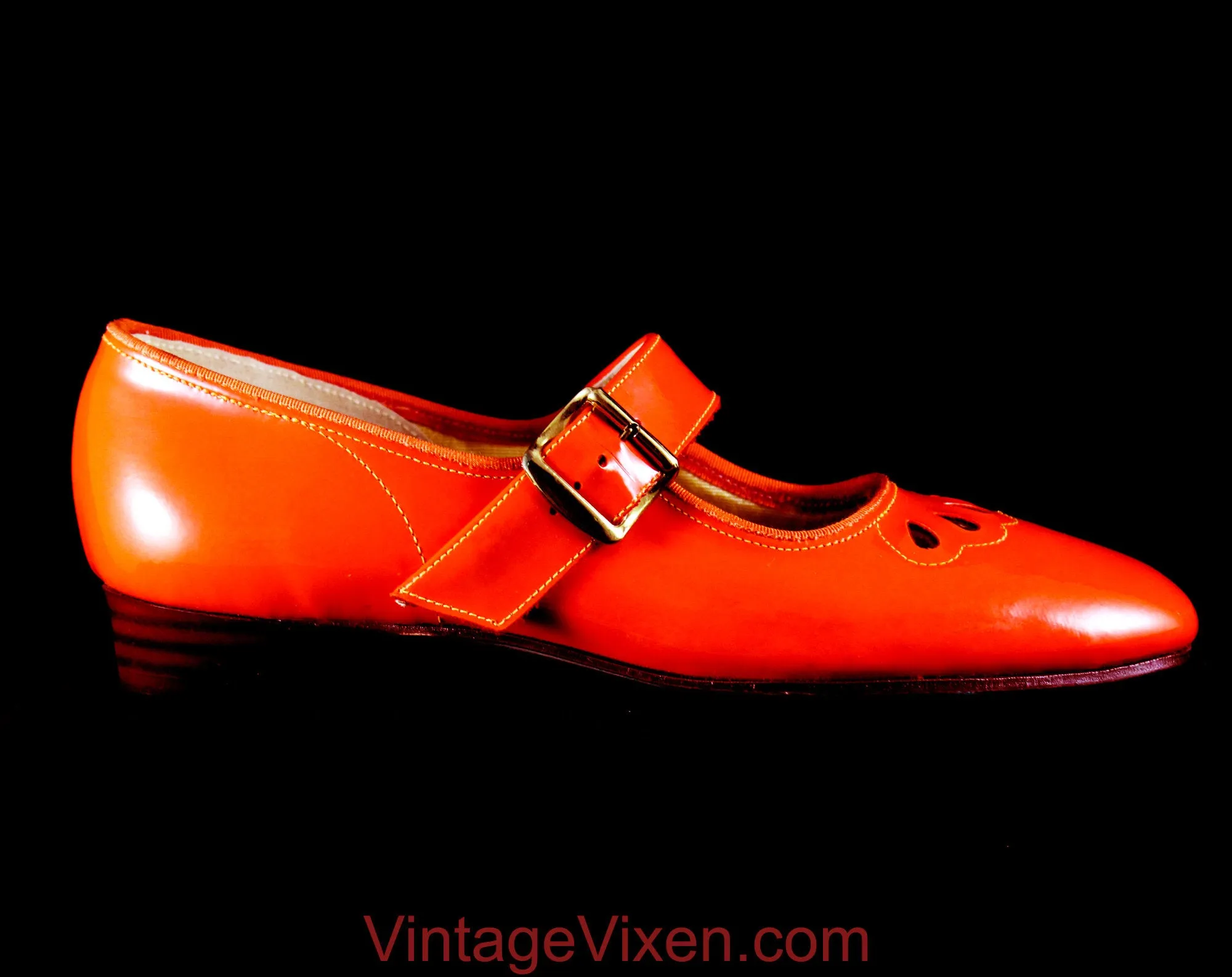 Size 1 1/2 Girl's Mary Jane Orange Shoes - Authentic Mod 1960s Girls Bright Vivid Vinyl - Child Size 1.5 B - 60s Deadstock in Original Box
