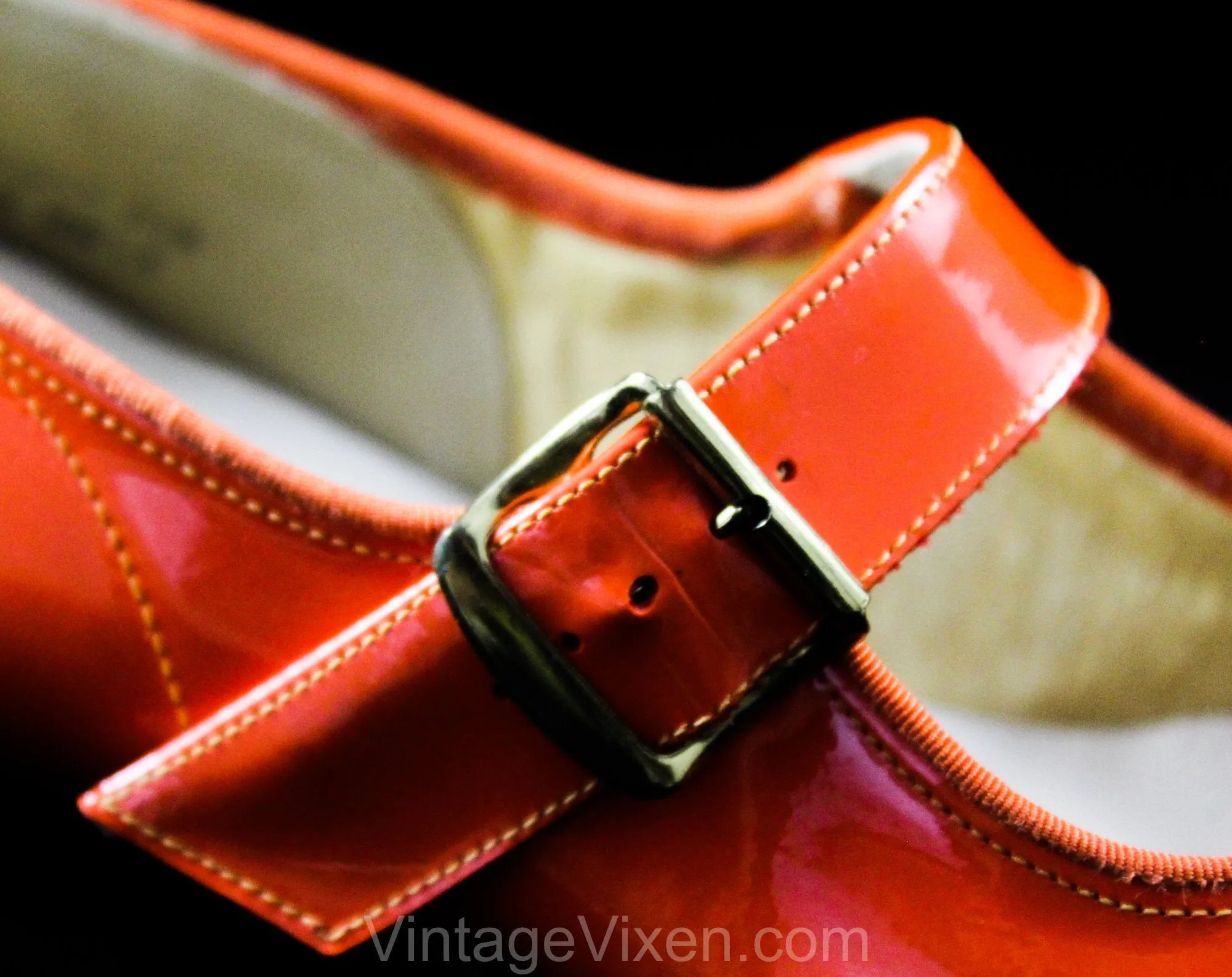 Size 1 1/2 Girl's Mary Jane Orange Shoes - Authentic Mod 1960s Girls Bright Vivid Vinyl - Child Size 1.5 B - 60s Deadstock in Original Box