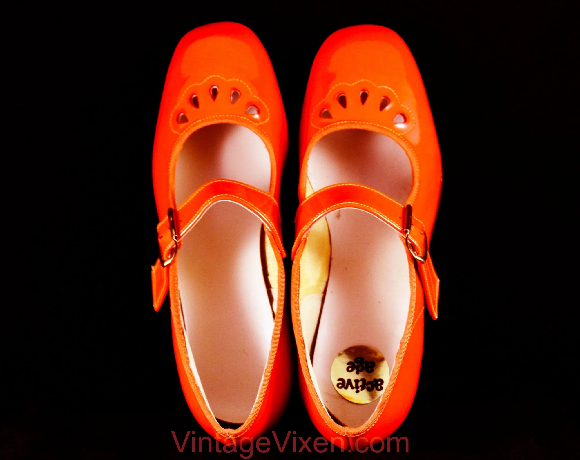 Size 1 1/2 Girl's Mary Jane Orange Shoes - Authentic Mod 1960s Girls Bright Vivid Vinyl - Child Size 1.5 B - 60s Deadstock in Original Box
