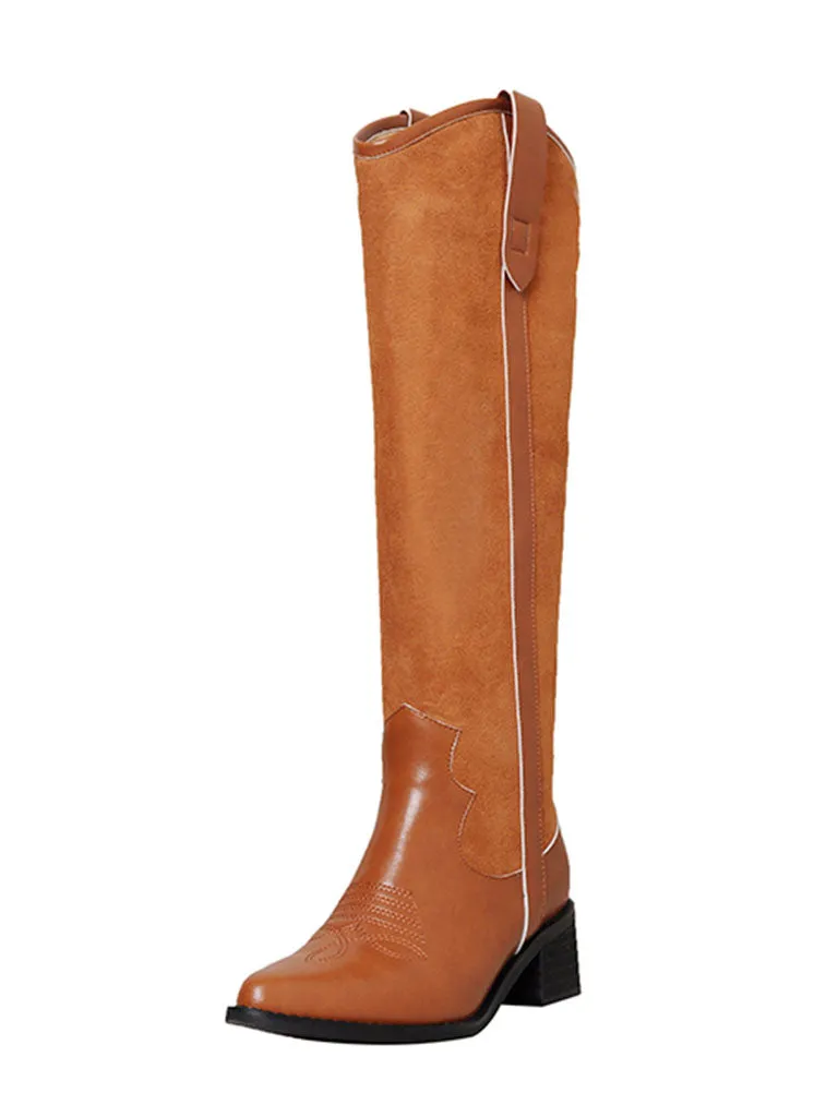 Solid Color Women's Chunky Heel Pointed Toe PU Leather Boho Boots