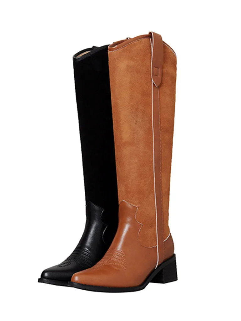 Solid Color Women's Chunky Heel Pointed Toe PU Leather Boho Boots