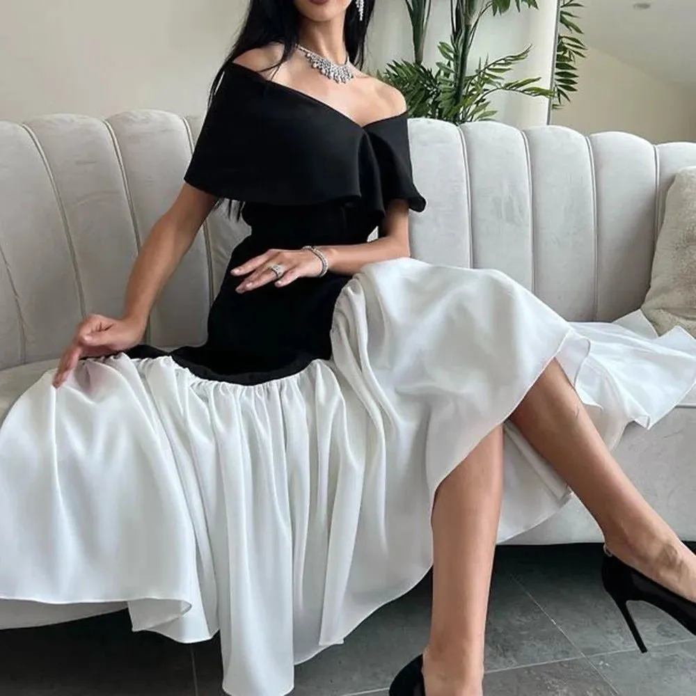 TAVIMART  -  Black White Arabic Prom Dresses Off The Shoulder Satin Formal Dress Outfits Evening Party Gowns Women Wedding Wear
