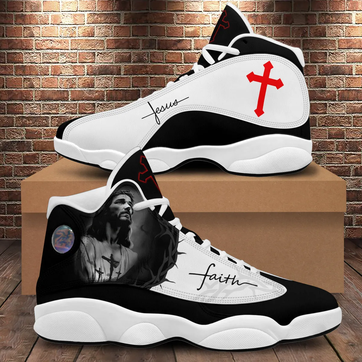 Teesdily | Jesus Art Faith Red Cross Basketball Shoes, Jesus Faith Running Shoes, Christian Unisex Basketball Shoes, Faith Believers Gifts