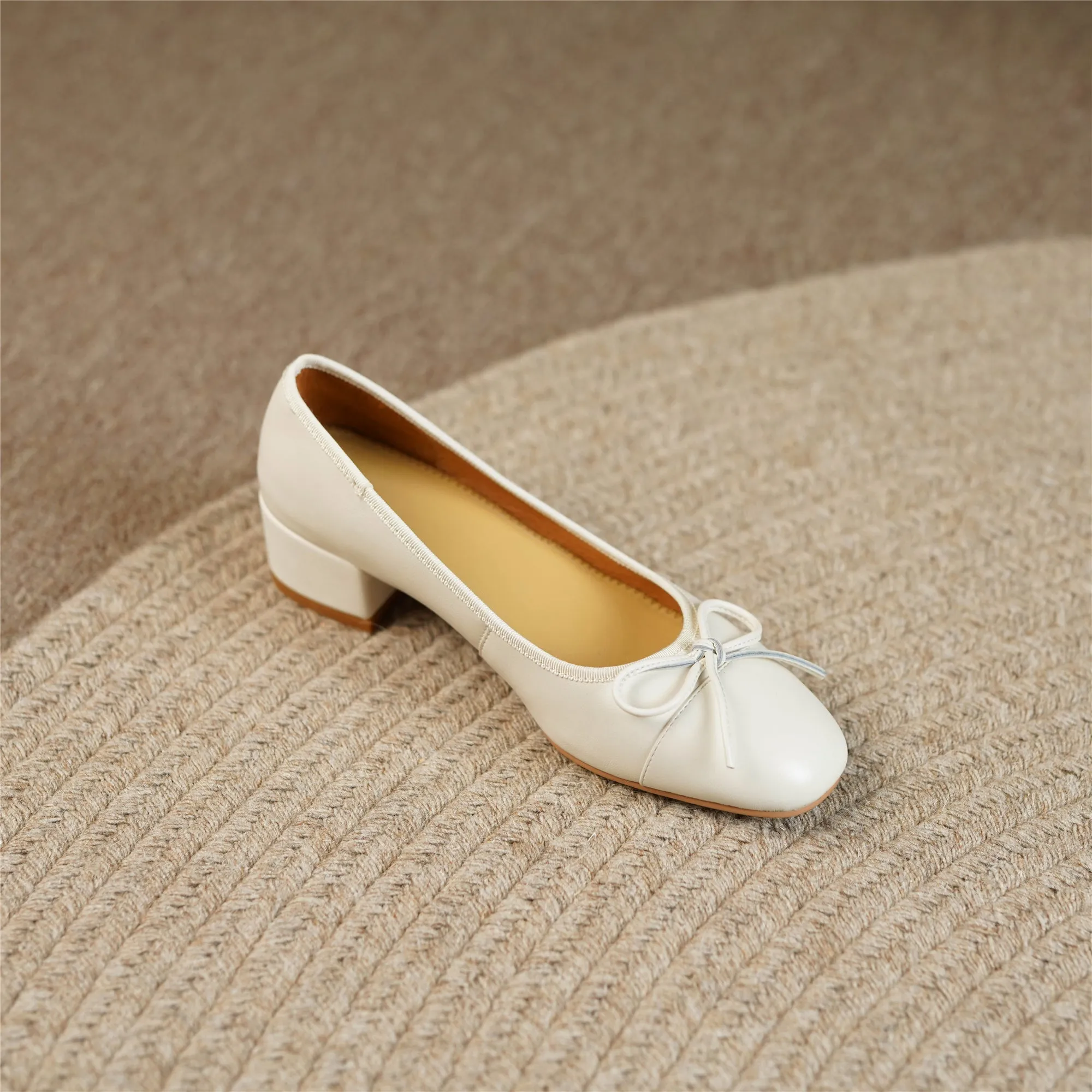 TinaCus Women's Genuine Leather Handmade Cute Bow Knot Slip On Round Toe Low Chunky Heel Ballet Pumps