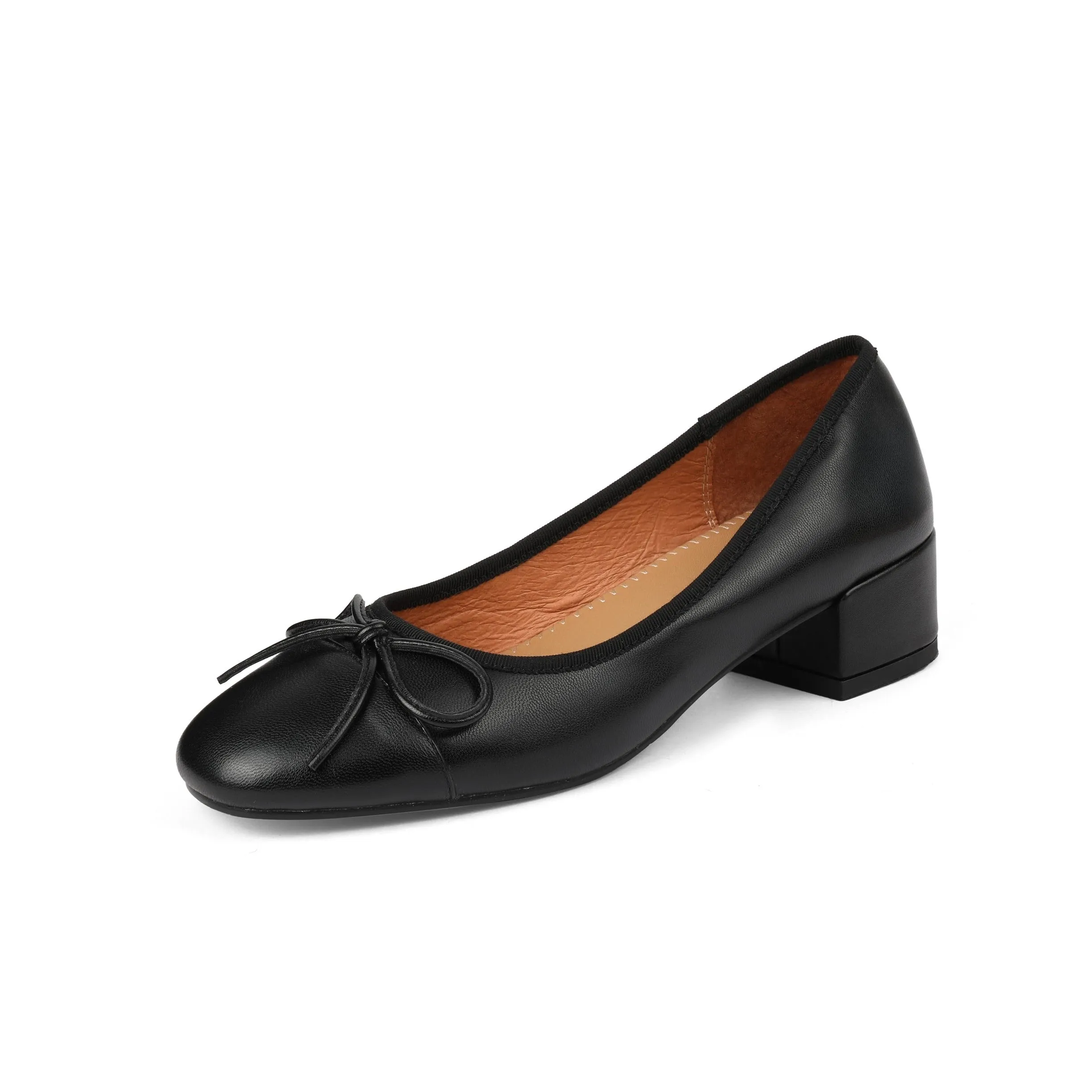 TinaCus Women's Genuine Leather Handmade Cute Bow Knot Slip On Round Toe Low Chunky Heel Ballet Pumps
