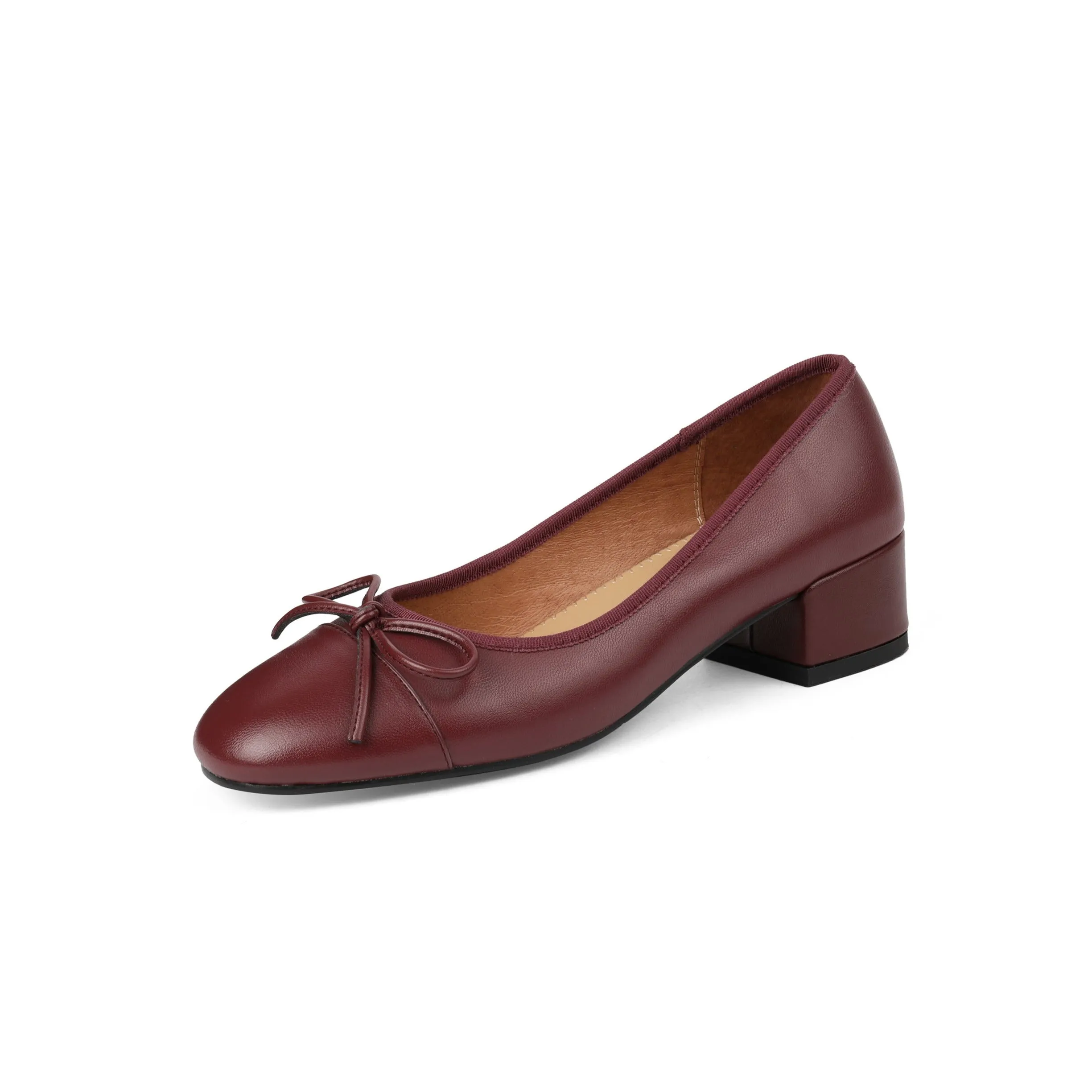 TinaCus Women's Genuine Leather Handmade Cute Bow Knot Slip On Round Toe Low Chunky Heel Ballet Pumps