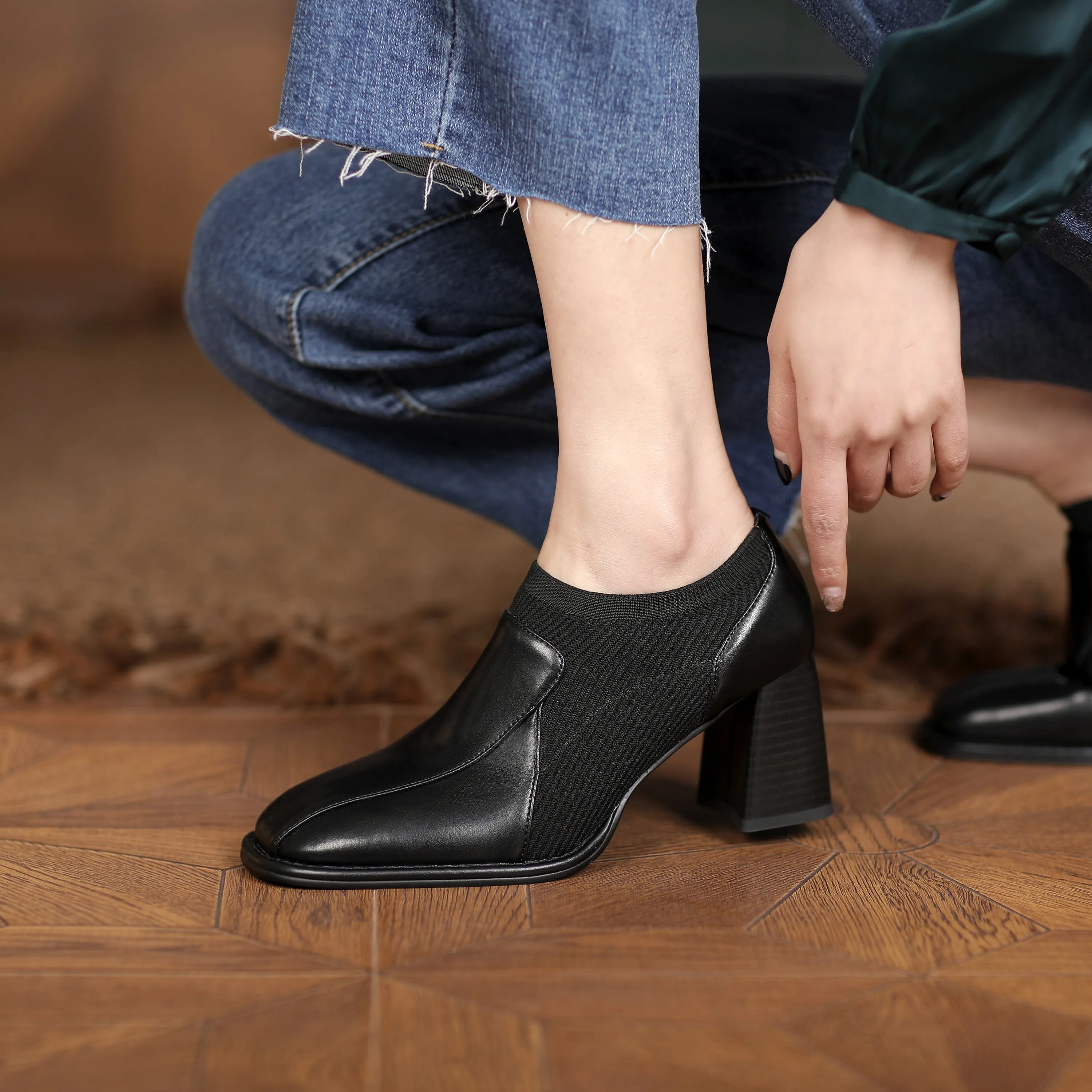 TinaCus Women's Square Toe Genuine Leather & Woolen Handmade Mid Chunky Heels Casual Shoes