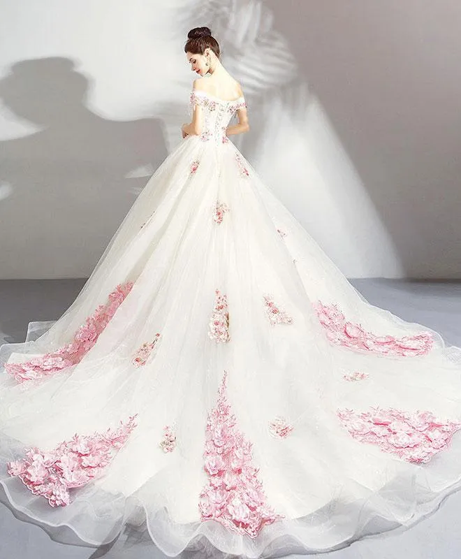 Unique Off the Shoulder Tulle Wedding Dress With Pink Flowers, Ball Gown Wedding Gown N2584
