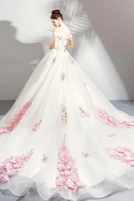 Unique Off the Shoulder Tulle Wedding Dress With Pink Flowers, Ball Gown Wedding Gown N2584