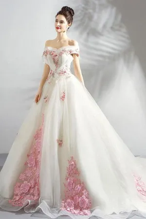 Unique Off the Shoulder Tulle Wedding Dress With Pink Flowers, Ball Gown Wedding Gown N2584