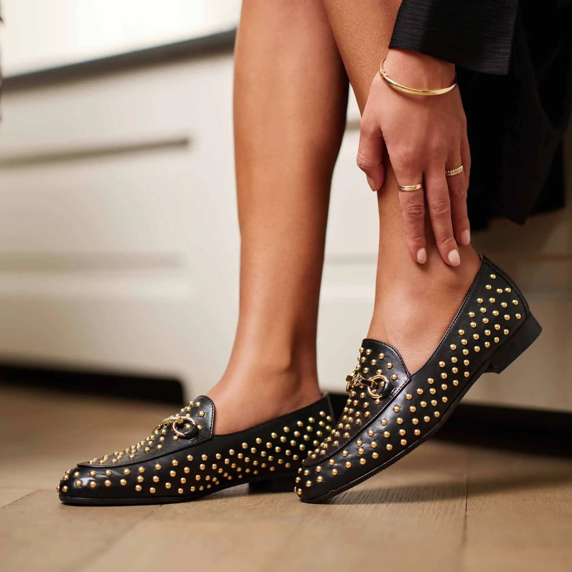 Vendôme Fleur black calfskin leather studded loafers