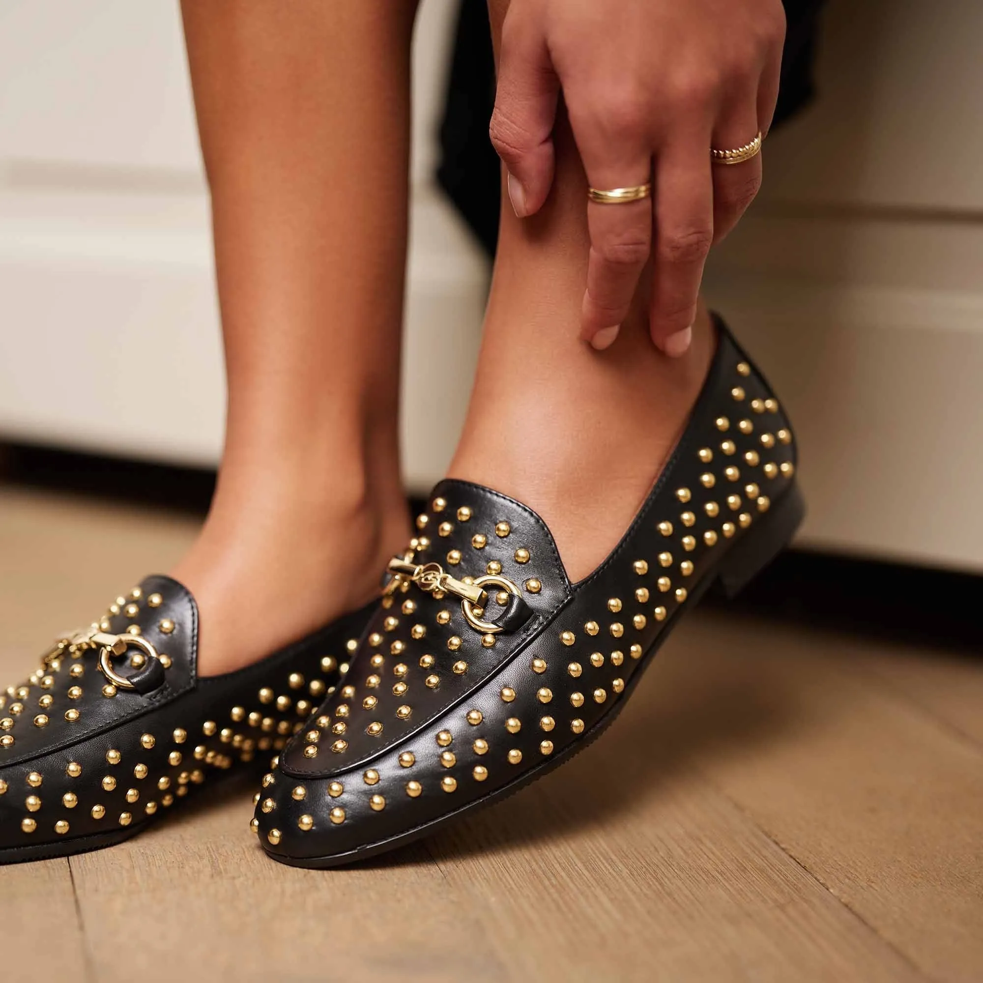 Vendôme Fleur black calfskin leather studded loafers