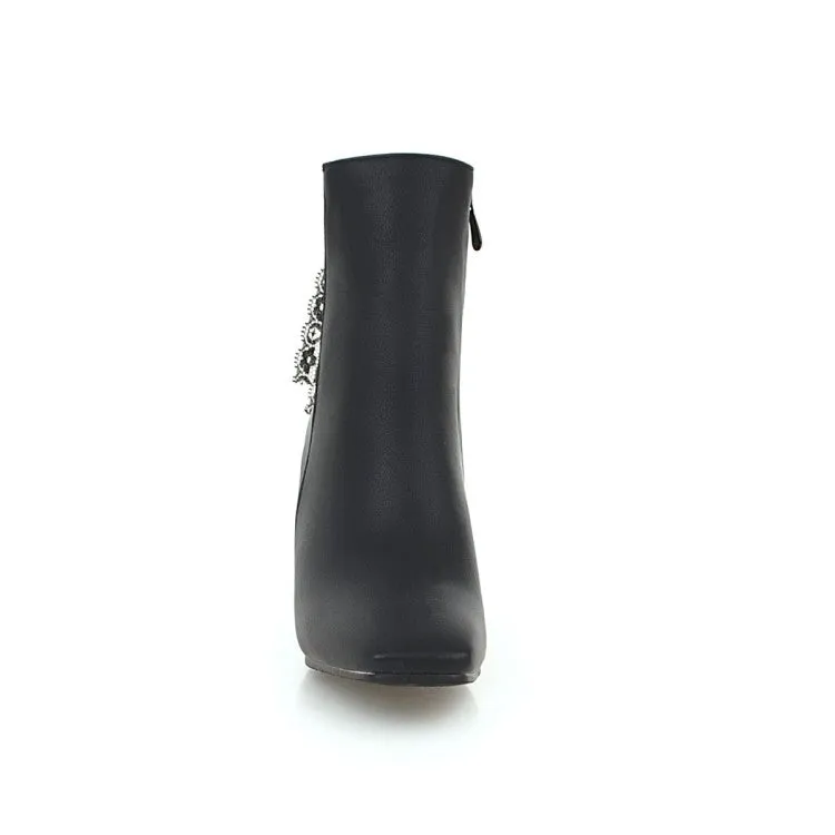 Women's Square Toe Back Lace Side Zippers Block Heel Short Boots