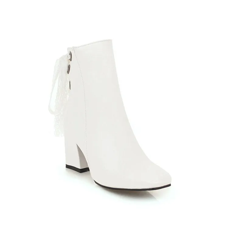 Women's Square Toe Back Lace Side Zippers Block Heel Short Boots