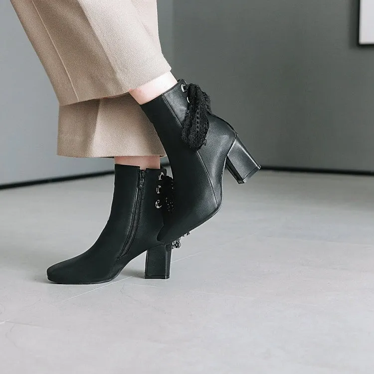 Women's Square Toe Back Lace Side Zippers Block Heel Short Boots